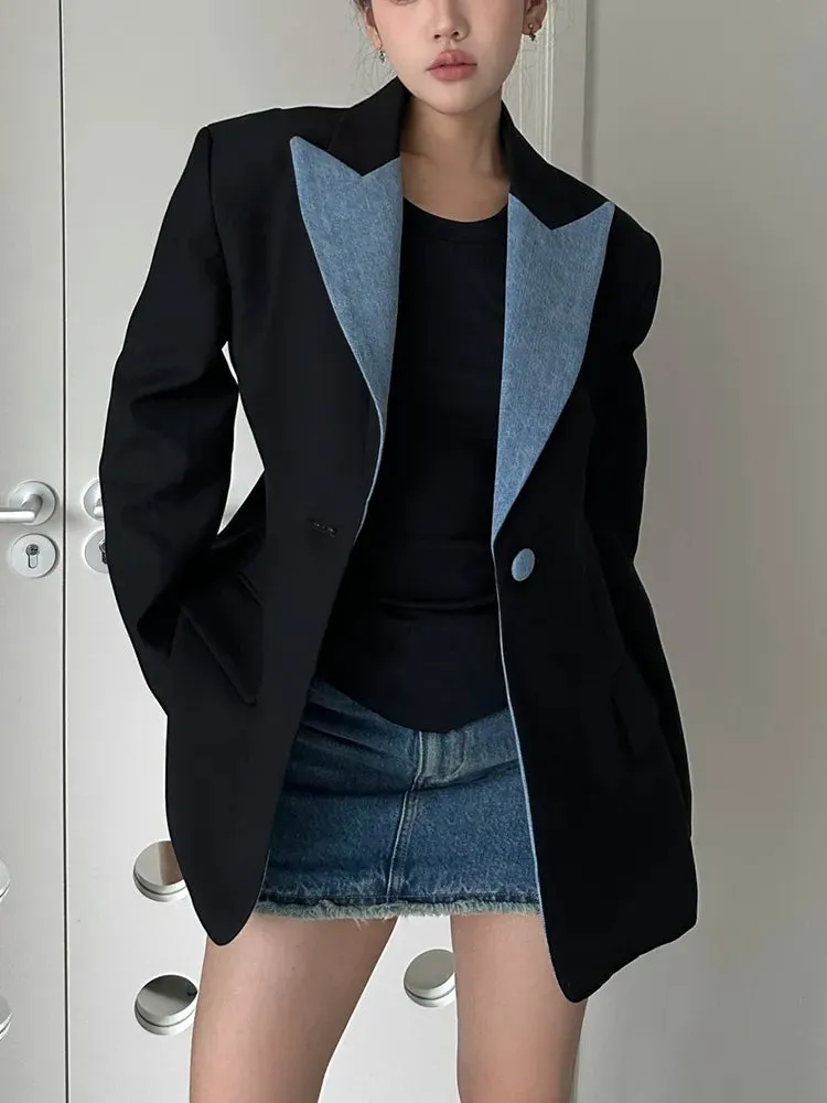 Colorblock Spliced Denim Casual Blazers For Women Notched Collar Long Sleeve Patchwork Button Blazer Female