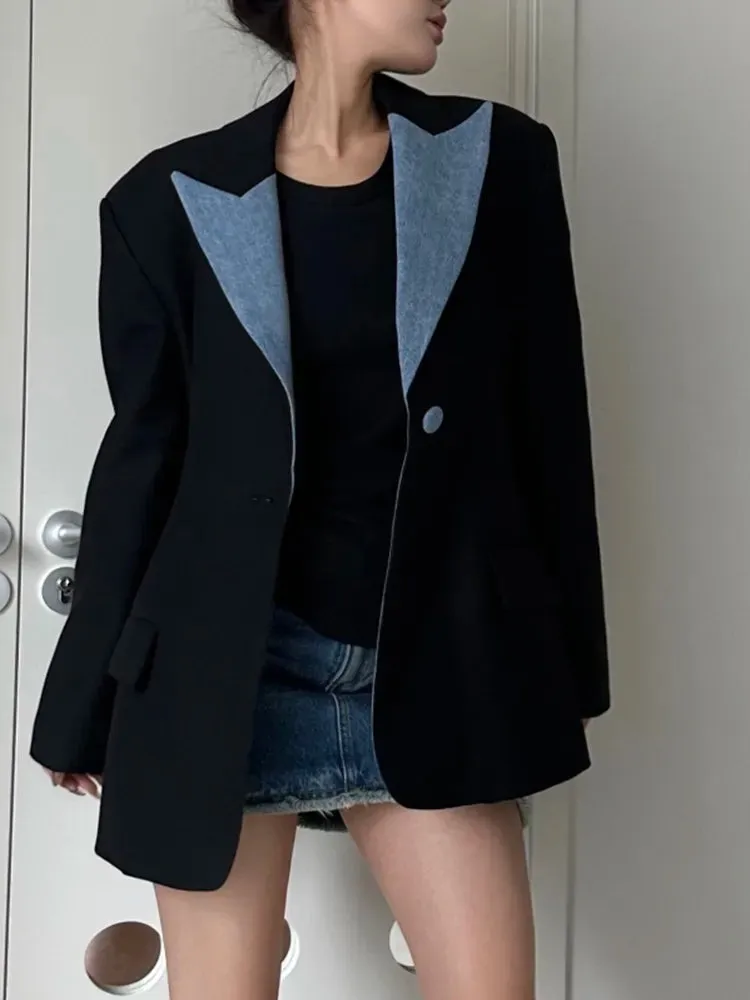 Colorblock Spliced Denim Casual Blazers For Women Notched Collar Long Sleeve Patchwork Button Blazer Female