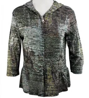 Cubism - Garden Moss, Waist Banded Geometric Print, Ruffled Cardigan Hoodie