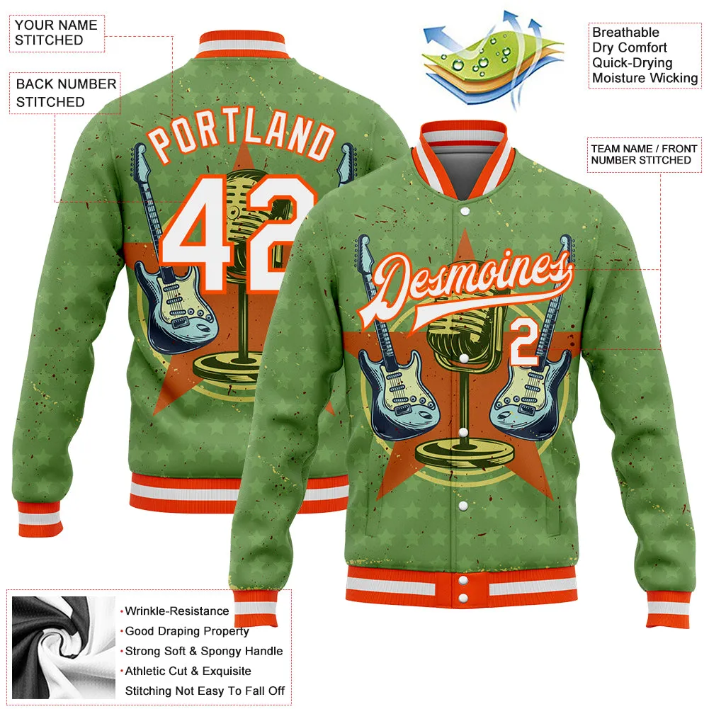 Custom Green White-Orange Guitar Music Festival 3D Pattern Design Bomber Full-Snap Varsity Letterman Jacket