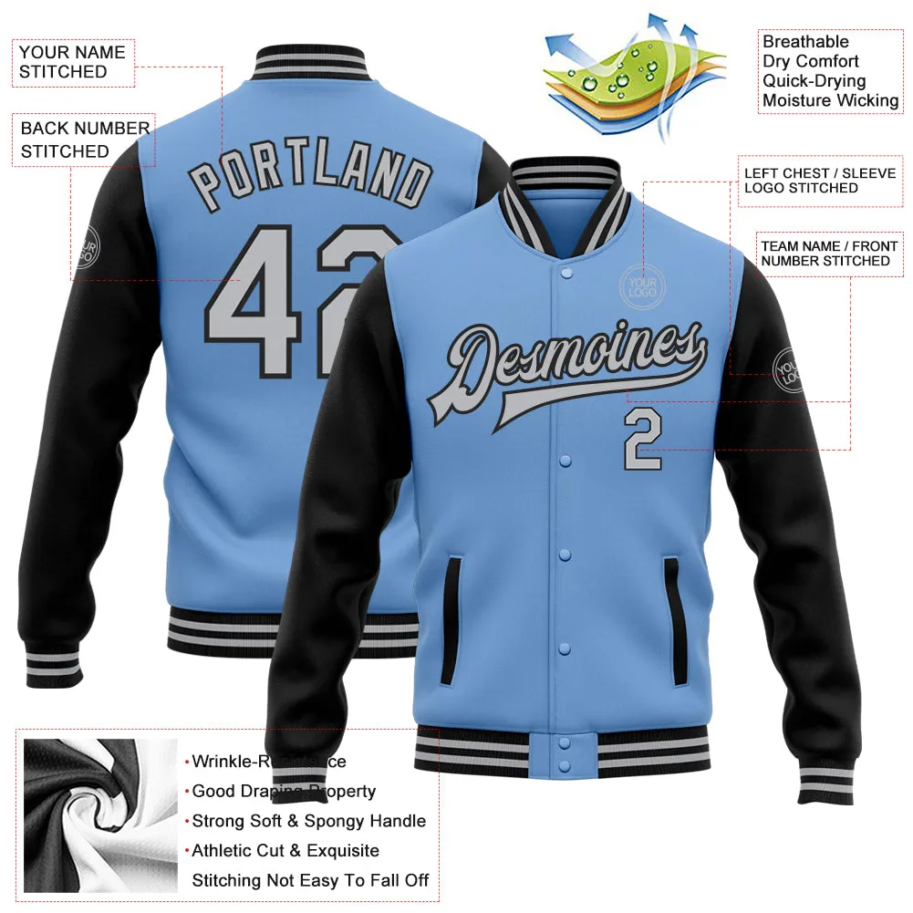 Custom Light Blue Gray-Black Bomber Full-Snap Varsity Letterman Two Tone Jacket