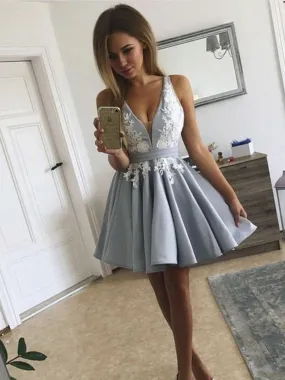 Cute V Neck Open Back Short Gray Lace Prom, Backless Gray Lace Formal Graduation Homecoming