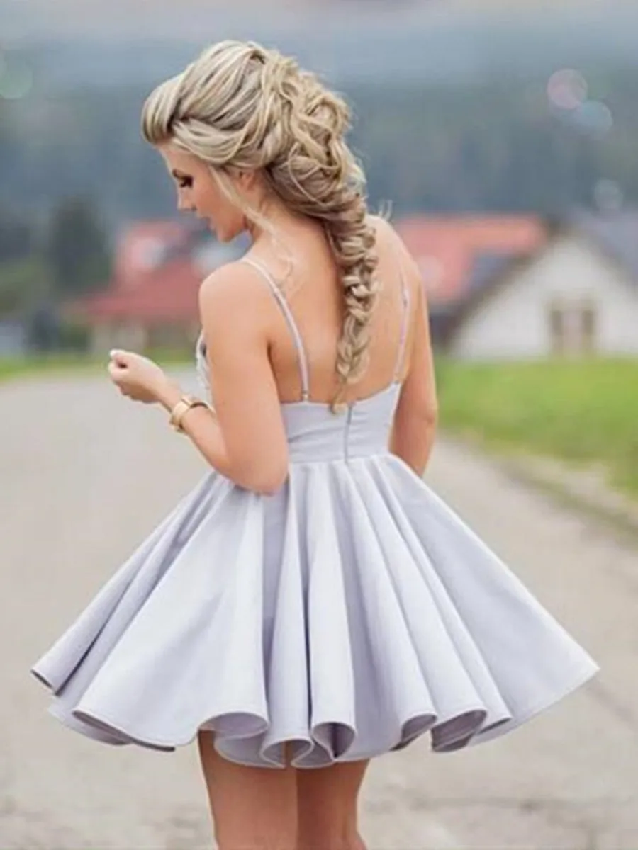 Cute V Neck Open Back Short Gray Lace Prom, Backless Gray Lace Formal Graduation Homecoming