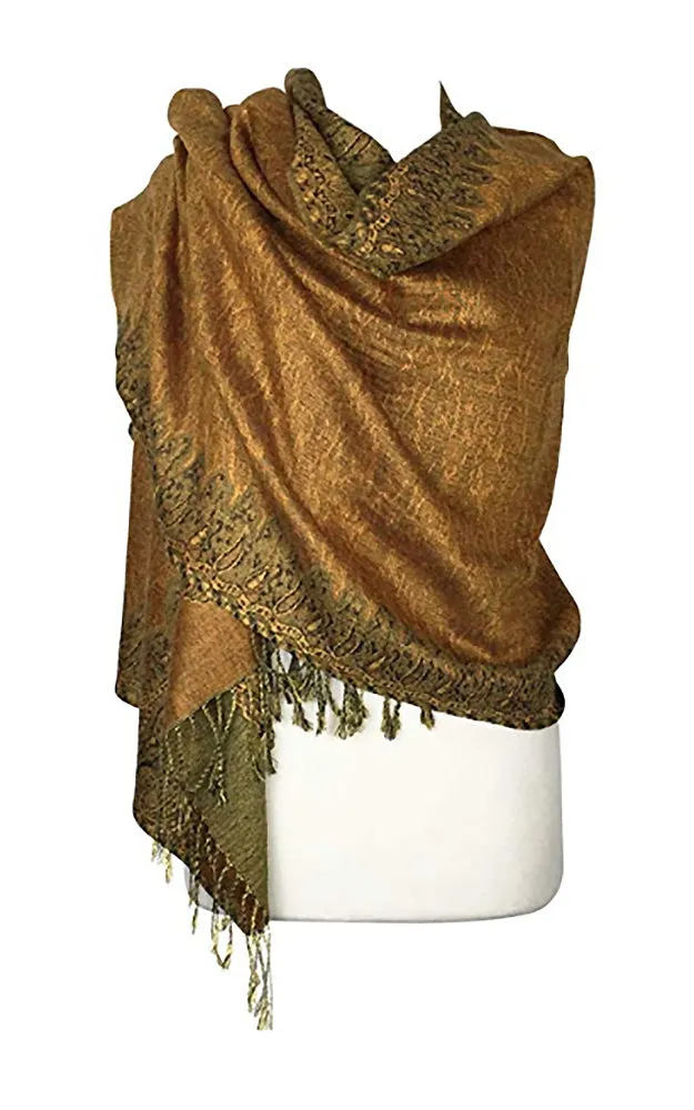 DB003-13 Brown Mustard Border Print Pashmina Scarf