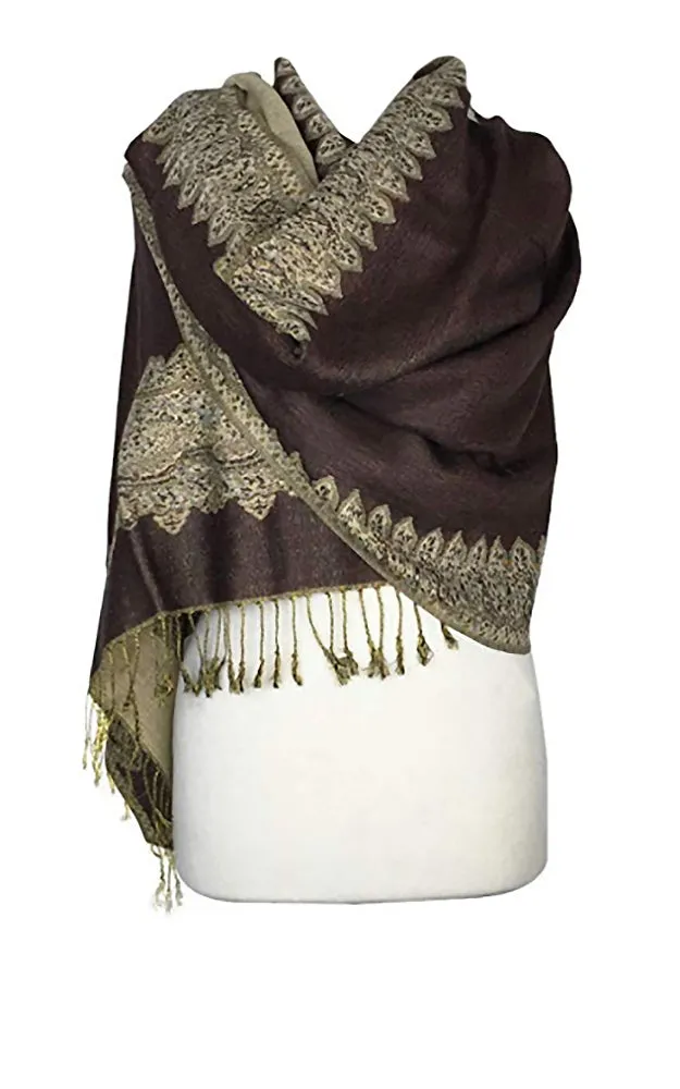 DB003-15 Brown Border Print Pashmina Scarf