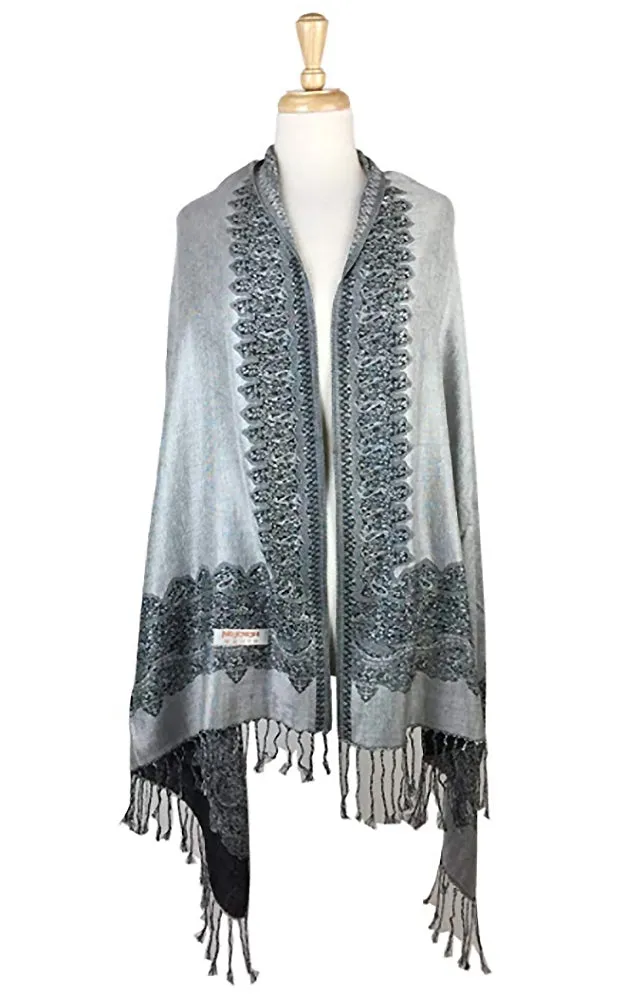 DB003-27 Grey Black Border Print Pashmina Scarf