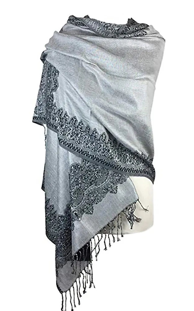 DB003-27 Grey Black Border Print Pashmina Scarf