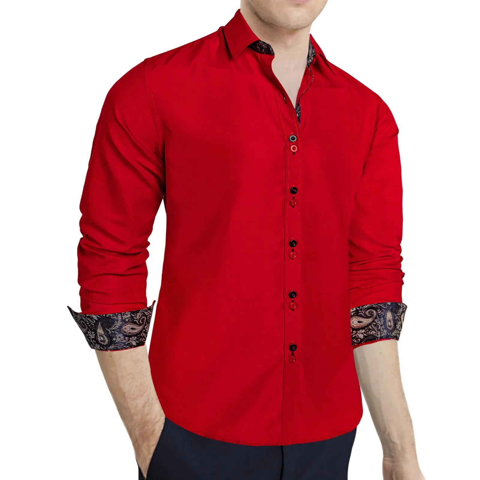 DiBanGu Dress Shirt Red Solid Long Sleeve Splicing Casual Mens Shirt