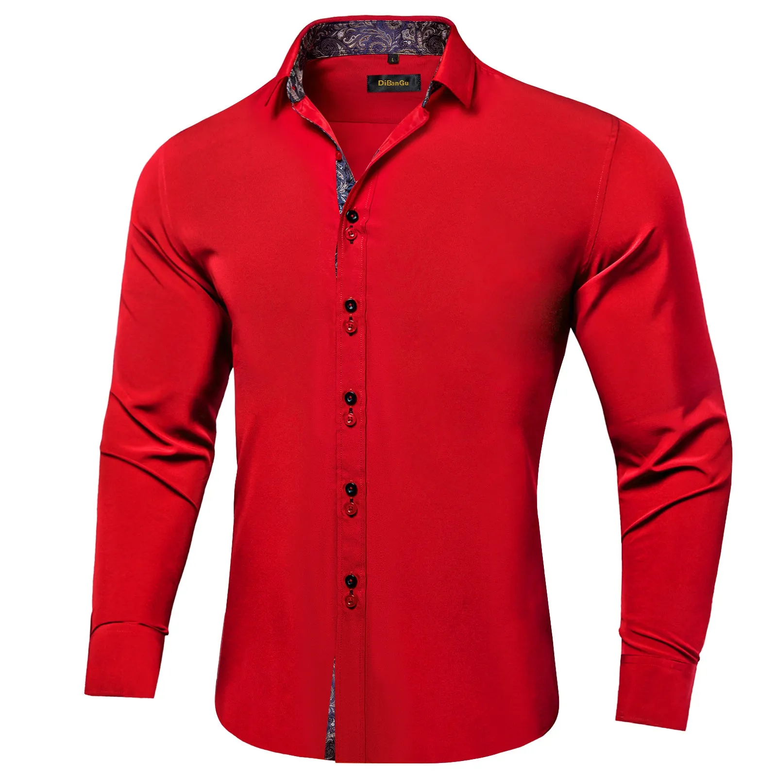 DiBanGu Dress Shirt Red Solid Long Sleeve Splicing Casual Mens Shirt