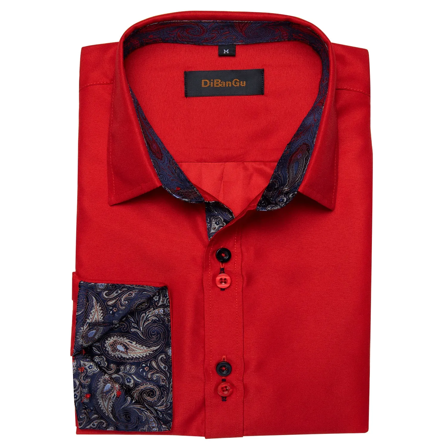 DiBanGu Dress Shirt Red Solid Long Sleeve Splicing Casual Mens Shirt