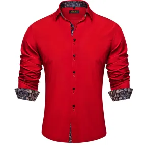 DiBanGu Dress Shirt Red Solid Long Sleeve Splicing Casual Mens Shirt