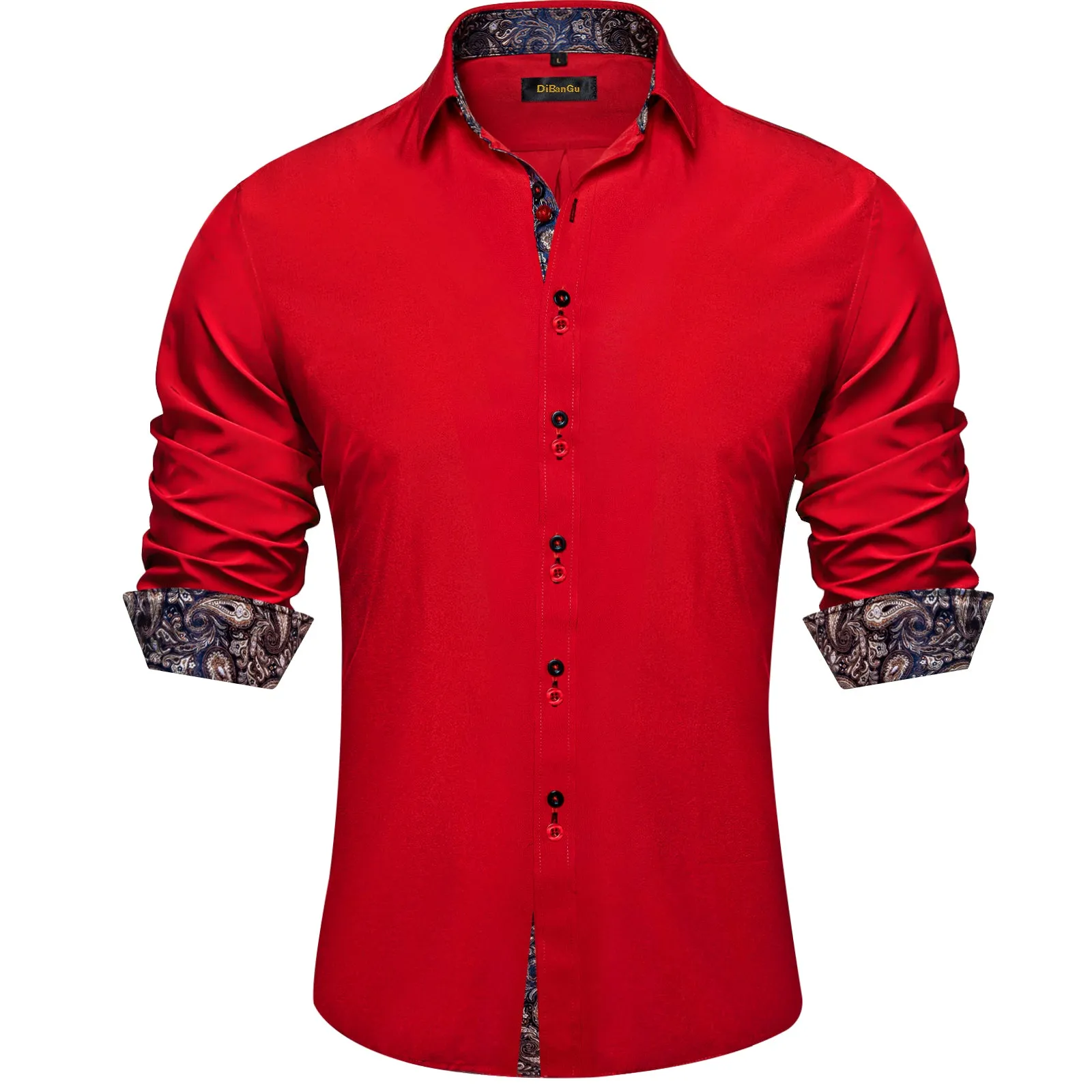 DiBanGu Dress Shirt Red Solid Long Sleeve Splicing Casual Mens Shirt