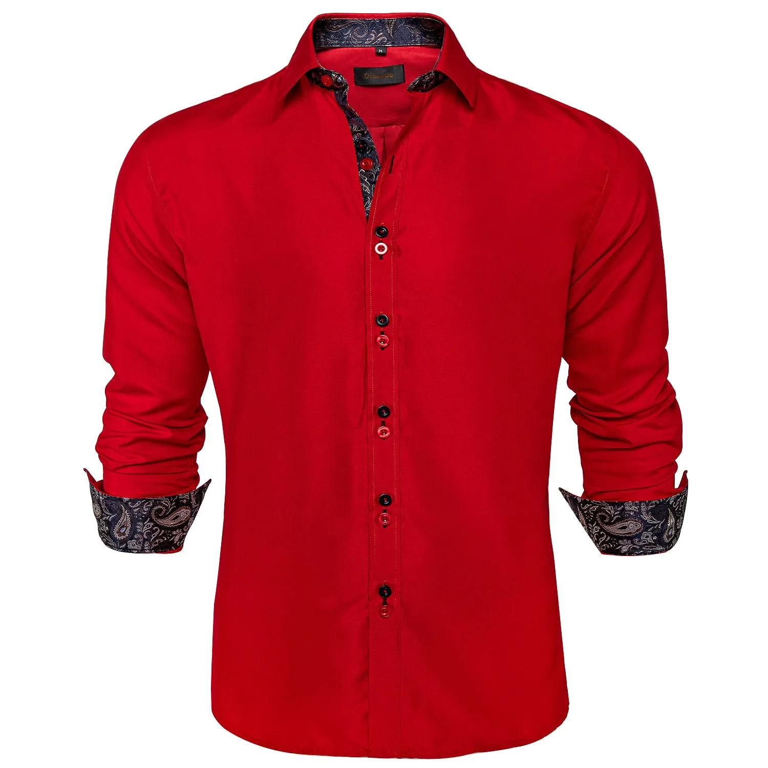 DiBanGu Dress Shirt Red Solid Long Sleeve Splicing Casual Mens Shirt