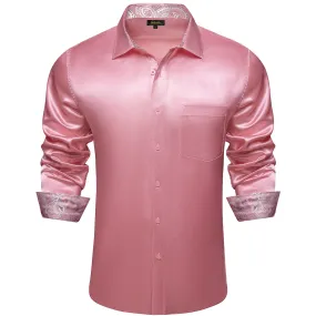 DiBanGu Tuxedo Shirt Turkish Rose Pink Solid Satin Silk Button Up Long Sleeve Shirt for Men