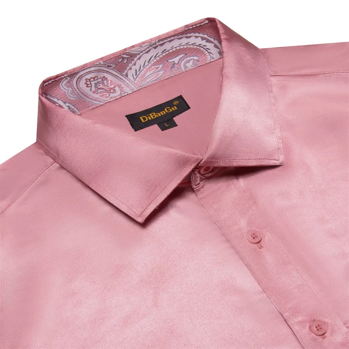 DiBanGu Tuxedo Shirt Turkish Rose Pink Solid Satin Silk Button Up Long Sleeve Shirt for Men