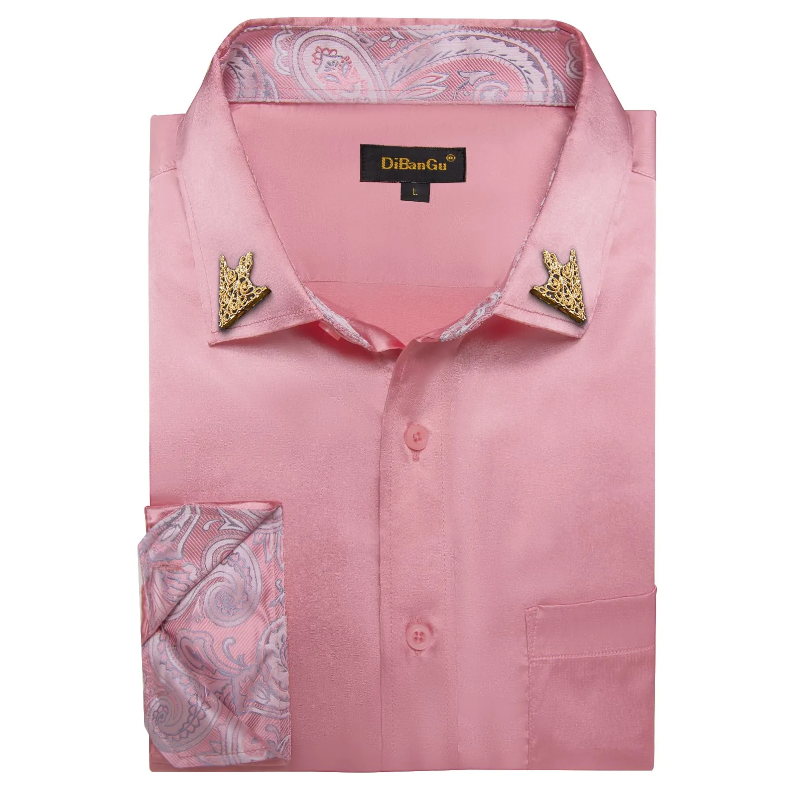 DiBanGu Tuxedo Shirt Turkish Rose Pink Solid Satin Silk Button Up Long Sleeve Shirt for Men