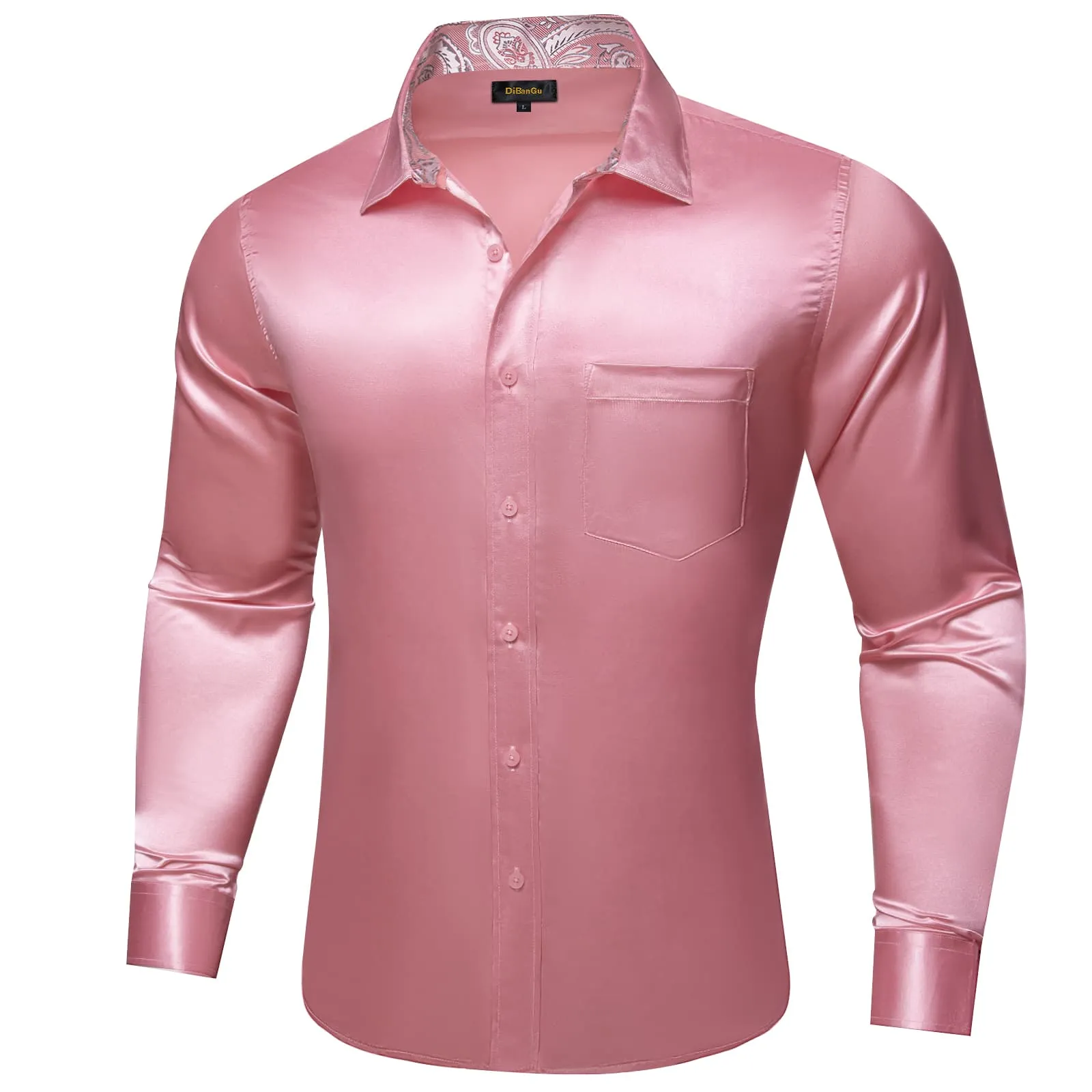 DiBanGu Tuxedo Shirt Turkish Rose Pink Solid Satin Silk Button Up Long Sleeve Shirt for Men