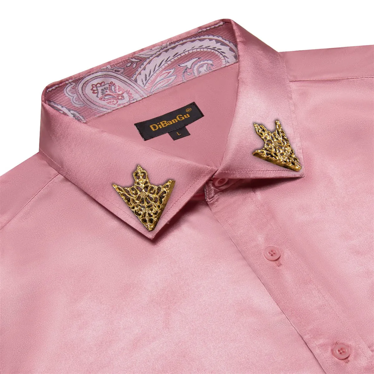 DiBanGu Tuxedo Shirt Turkish Rose Pink Solid Satin Silk Button Up Long Sleeve Shirt for Men