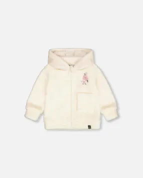 DPD Plush Hooded Zip up Cream Jacket with Flowers