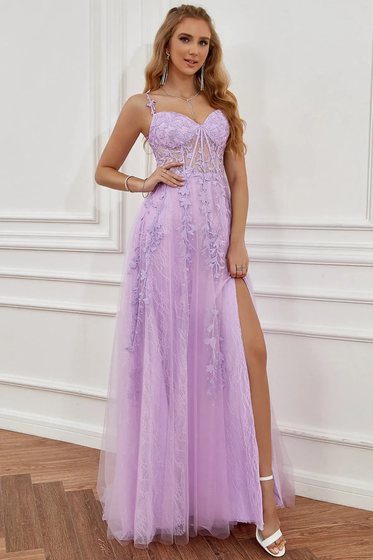 Elegant Off Shoulder Purple Lace Long Prom Dresses with High Slit, Lilac Lace Formal Dresses, Lavender Evening Dresses