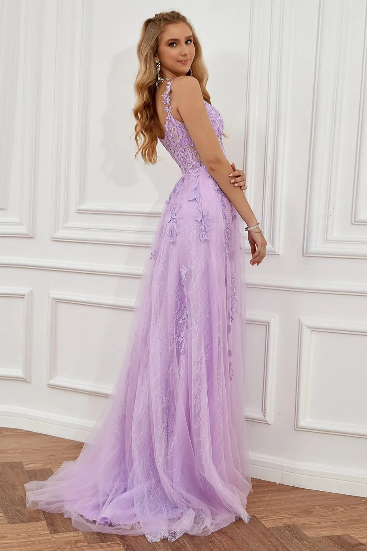 Elegant Off Shoulder Purple Lace Long Prom Dresses with High Slit, Lilac Lace Formal Dresses, Lavender Evening Dresses