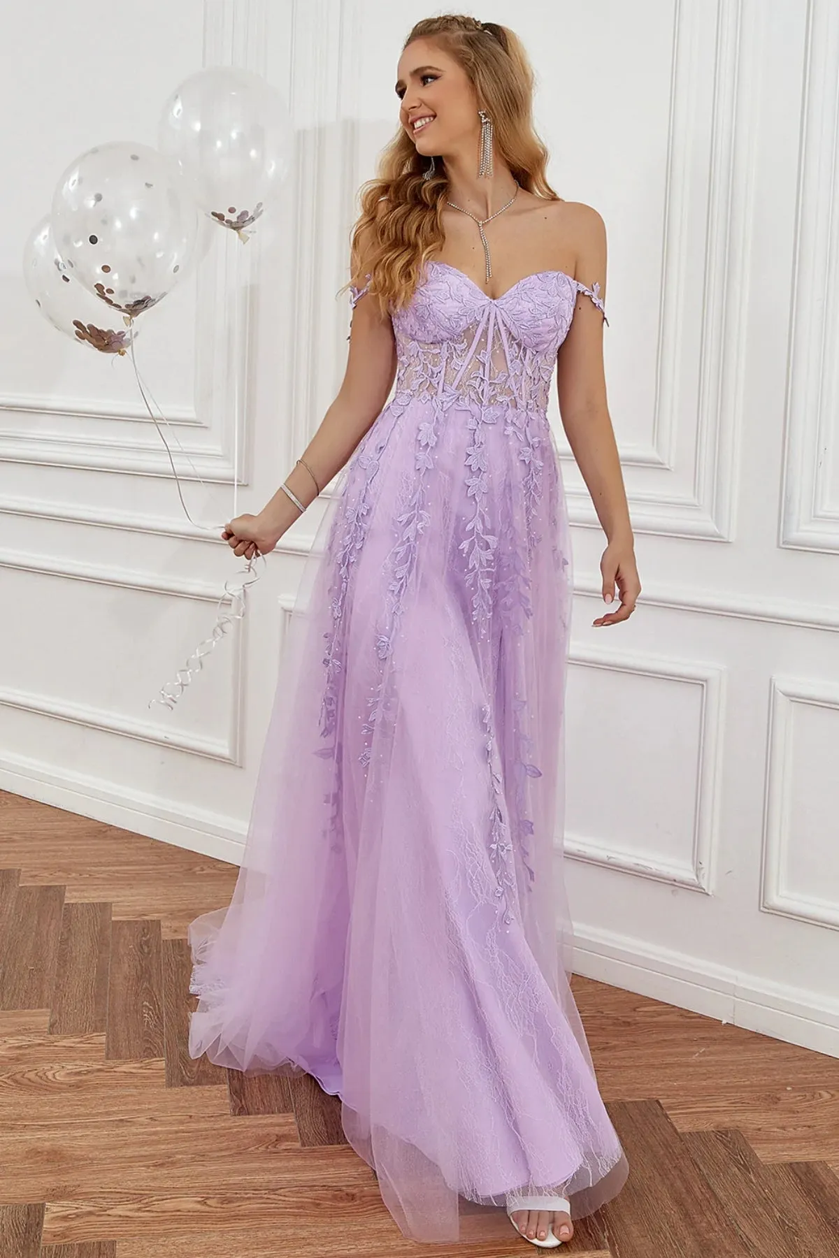 Elegant Off Shoulder Purple Lace Long Prom Dresses with High Slit, Lilac Lace Formal Dresses, Lavender Evening Dresses