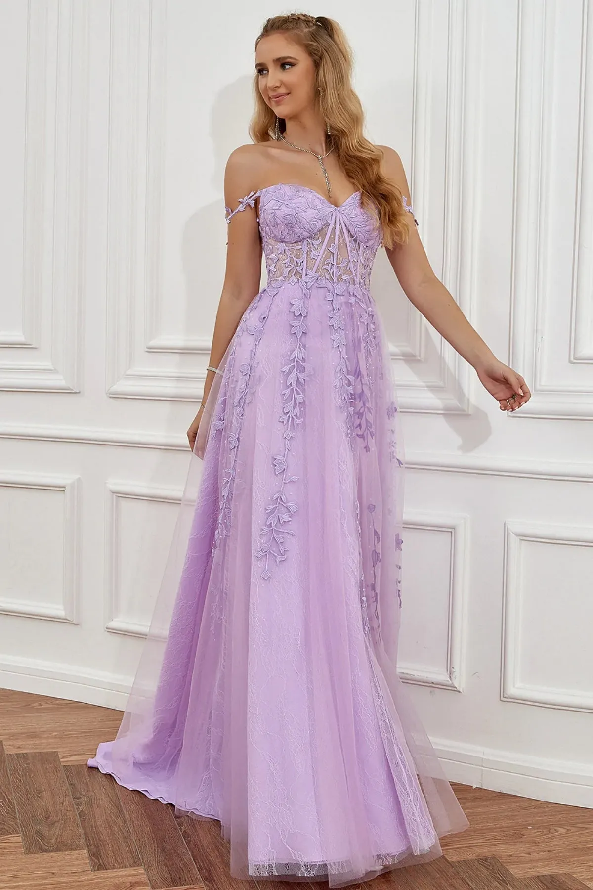 Elegant Off Shoulder Purple Lace Long Prom Dresses with High Slit, Lilac Lace Formal Dresses, Lavender Evening Dresses