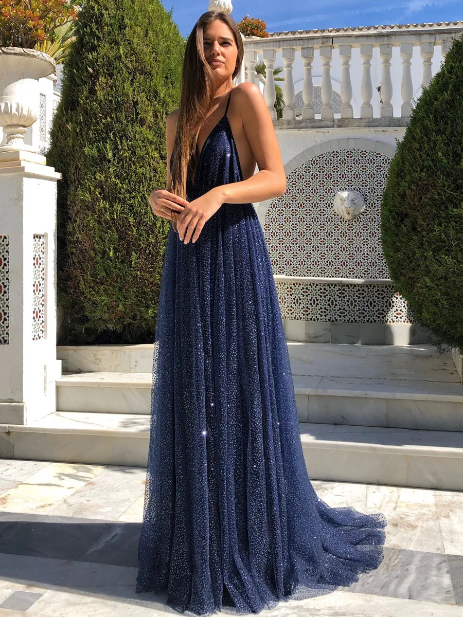 Elegant V Neck Backless Navy Blue Long Prom, Sparkly Navy Blue Formal Evening