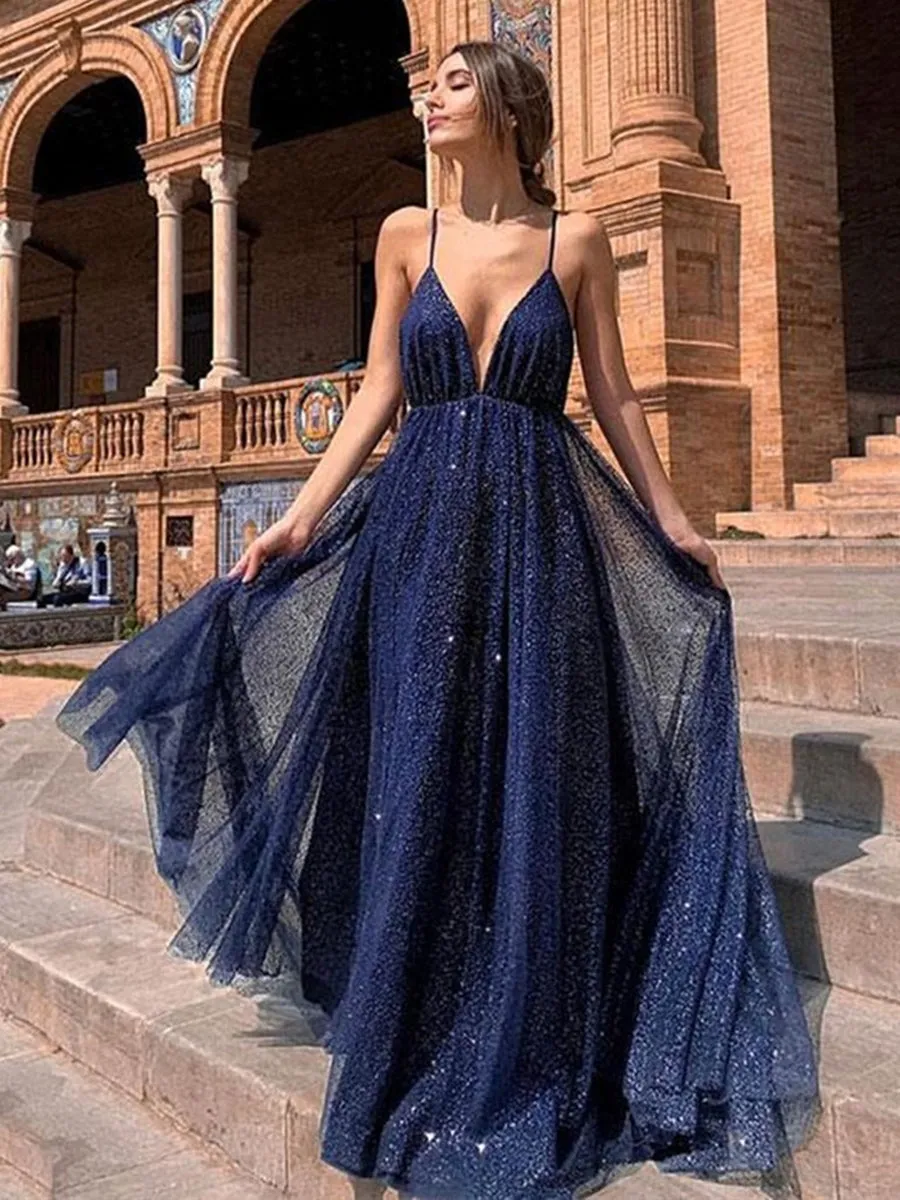 Elegant V Neck Backless Navy Blue Long Prom, Sparkly Navy Blue Formal Evening