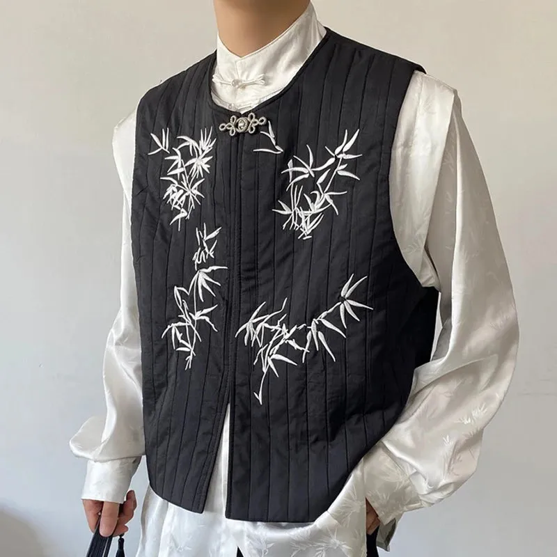 Embroidery Male Vest Chinese Style Round Collar Pleated Quilt Men's Waistcoat Personality Fashion Spring 9C4090