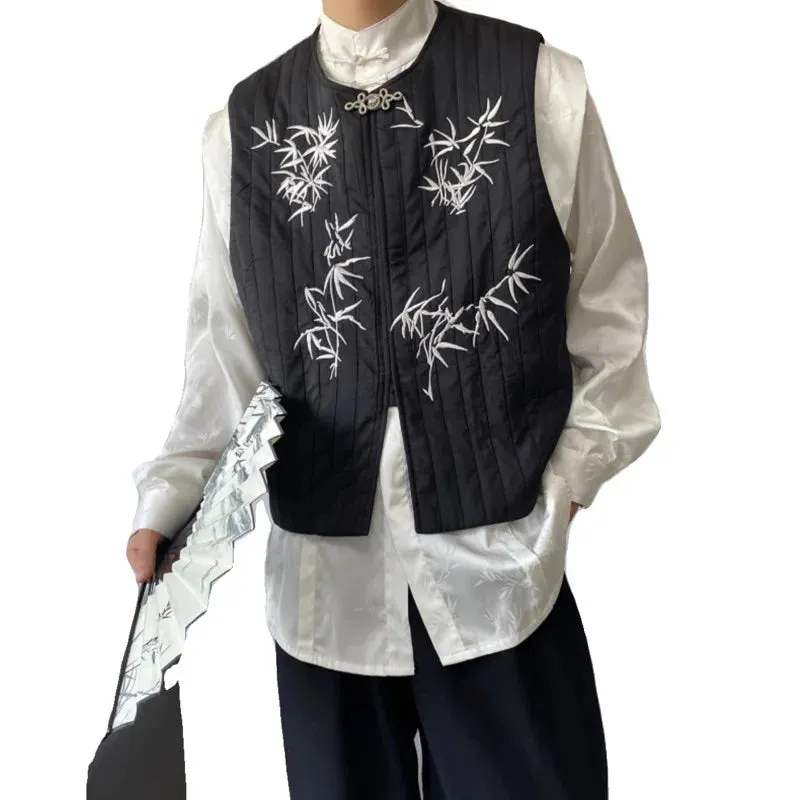 Embroidery Male Vest Chinese Style Round Collar Pleated Quilt Men's Waistcoat Personality Fashion Spring 9C4090