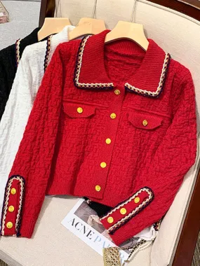 Fashion Button Up Women Cardigan Knitted Korean Turn Down Collar Red Sweater Fall Chic Short Jacket Elegant Ladies Coats