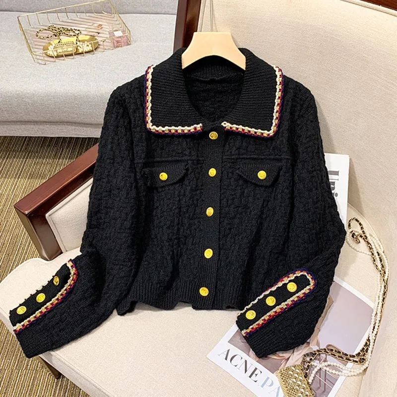 Fashion Button Up Women Cardigan Knitted Korean Turn Down Collar Red Sweater Fall Chic Short Jacket Elegant Ladies Coats