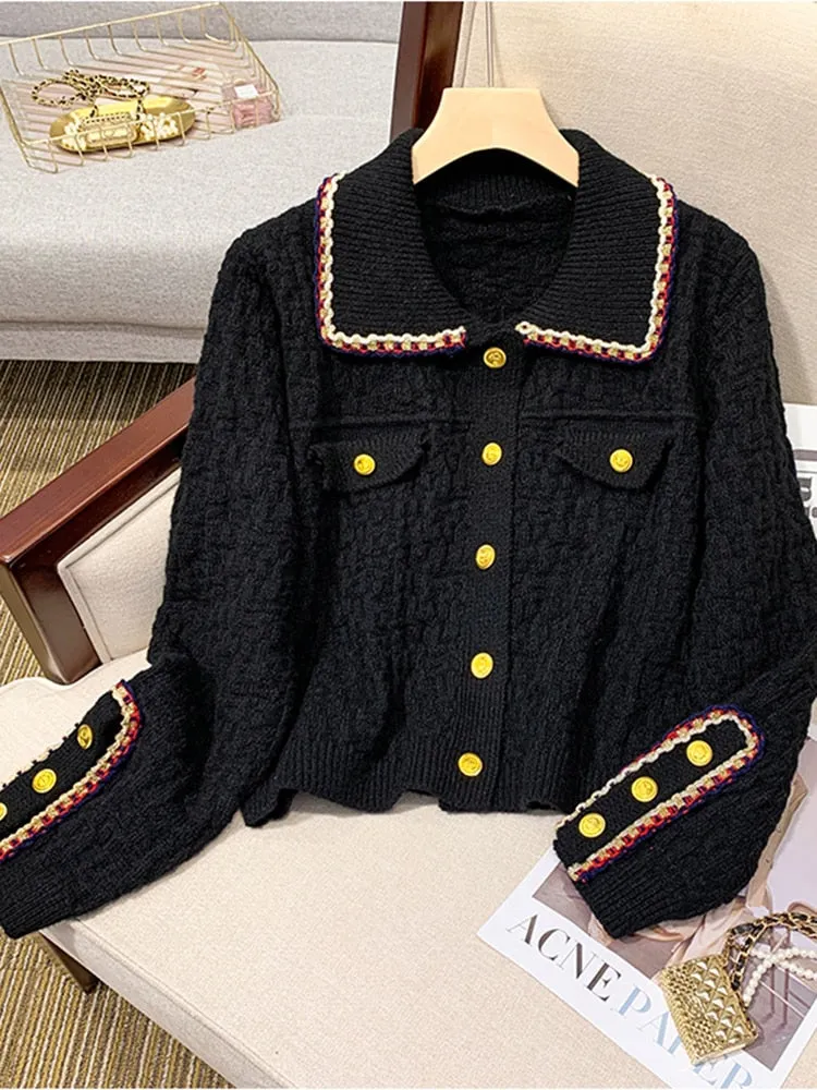 Fashion Button Up Women Cardigan Knitted Korean Turn Down Collar Red Sweater Fall Chic Short Jacket Elegant Ladies Coats