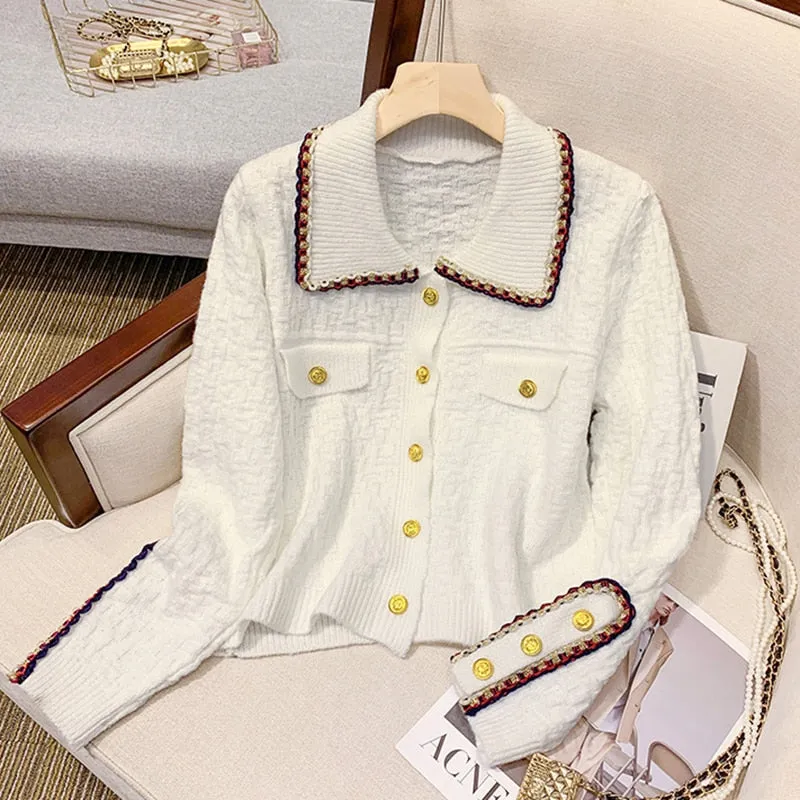 Fashion Button Up Women Cardigan Knitted Korean Turn Down Collar Red Sweater Fall Chic Short Jacket Elegant Ladies Coats