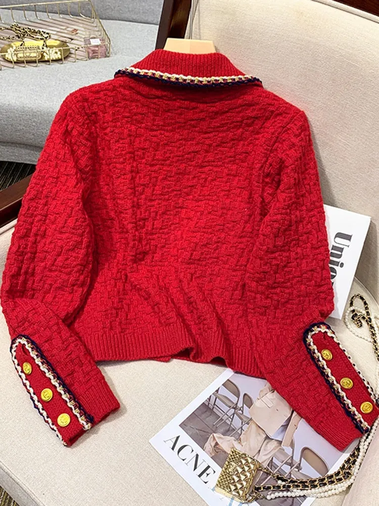 Fashion Button Up Women Cardigan Knitted Korean Turn Down Collar Red Sweater Fall Chic Short Jacket Elegant Ladies Coats