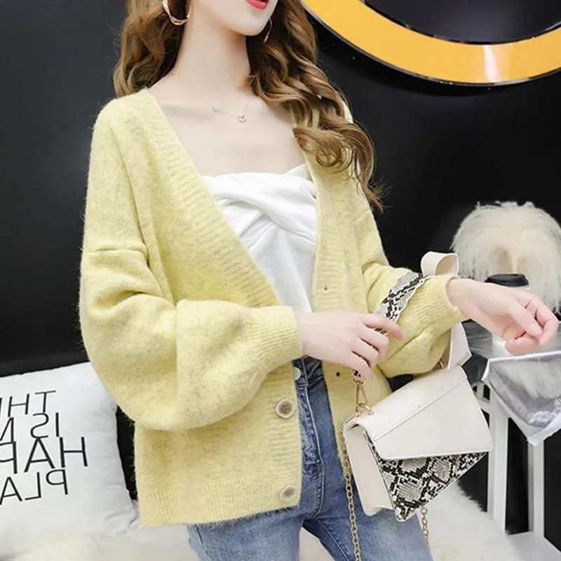 Fashion Women Cardigan Sweater Casual V Neck Loose Button Up Knitted Solid Coat Fall Long Sleeve Korean Winter Female Top