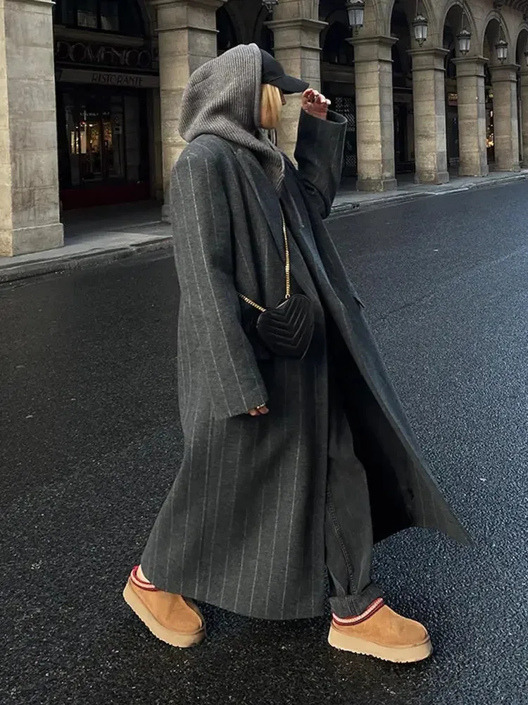 Fashionkova Women Dark Grey Stripe Wool Blends Overcoat Fashion Lapel Long Sleeve Loose Long Jacket Autumn Winter Lady New Street Outerwears