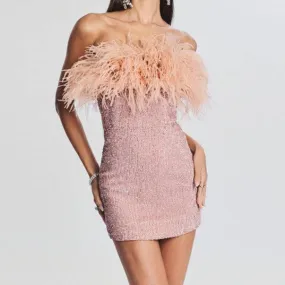 Felicita Sequin Feather Off Shoulder Mini Dress