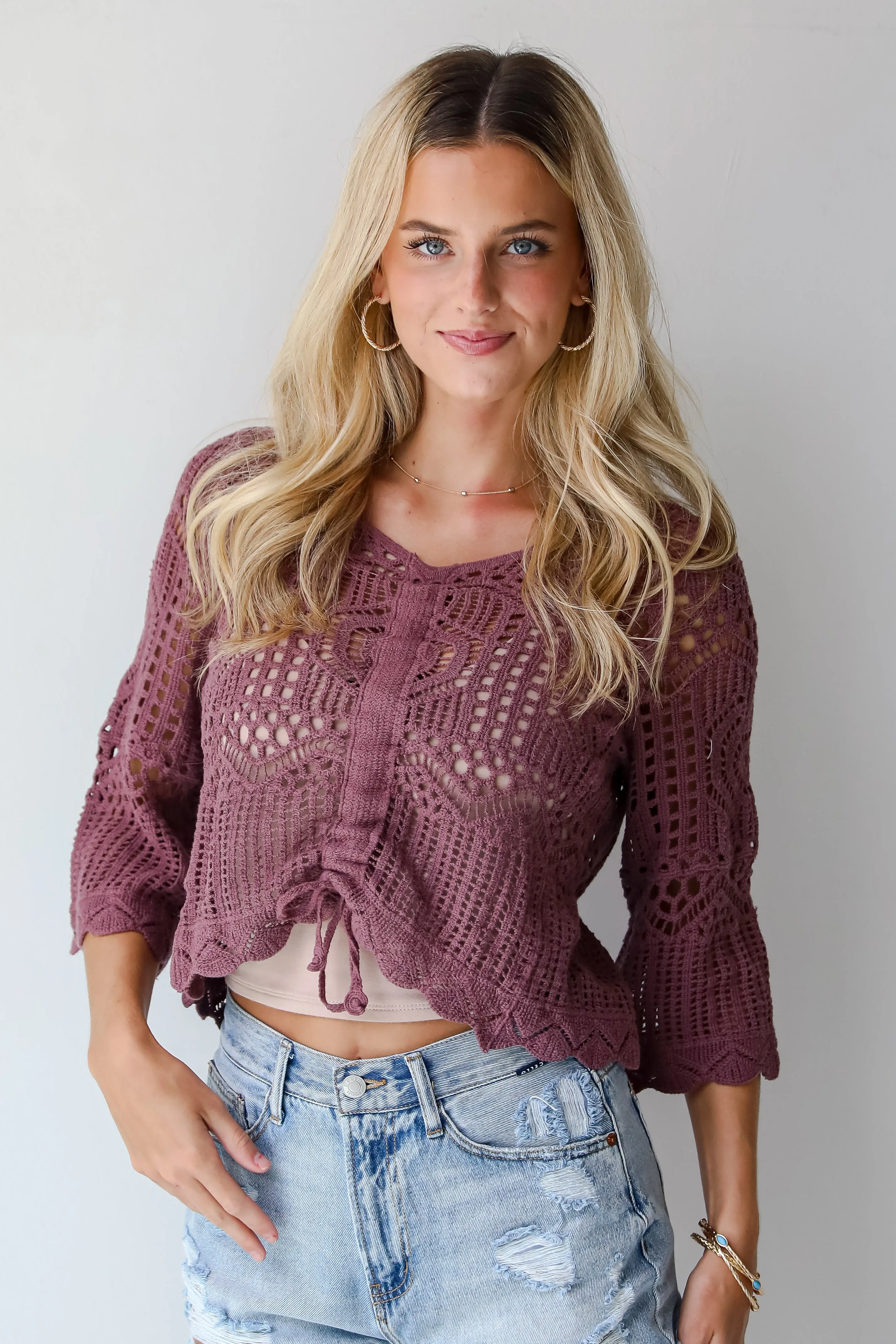 FINAL SALE - Modern Status Plum Crochet Knit Top