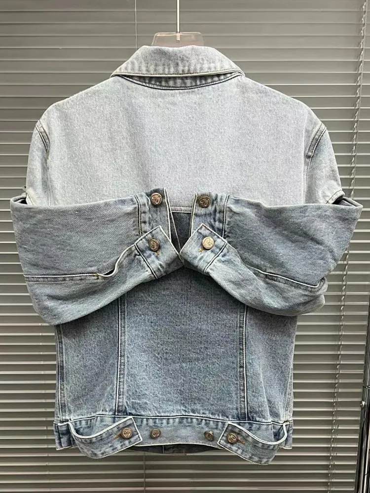 Folds Denim Jackets For Women Lapel Long Sleeve Patchwork Single Breasted Casual Jacket Female Fashion Style