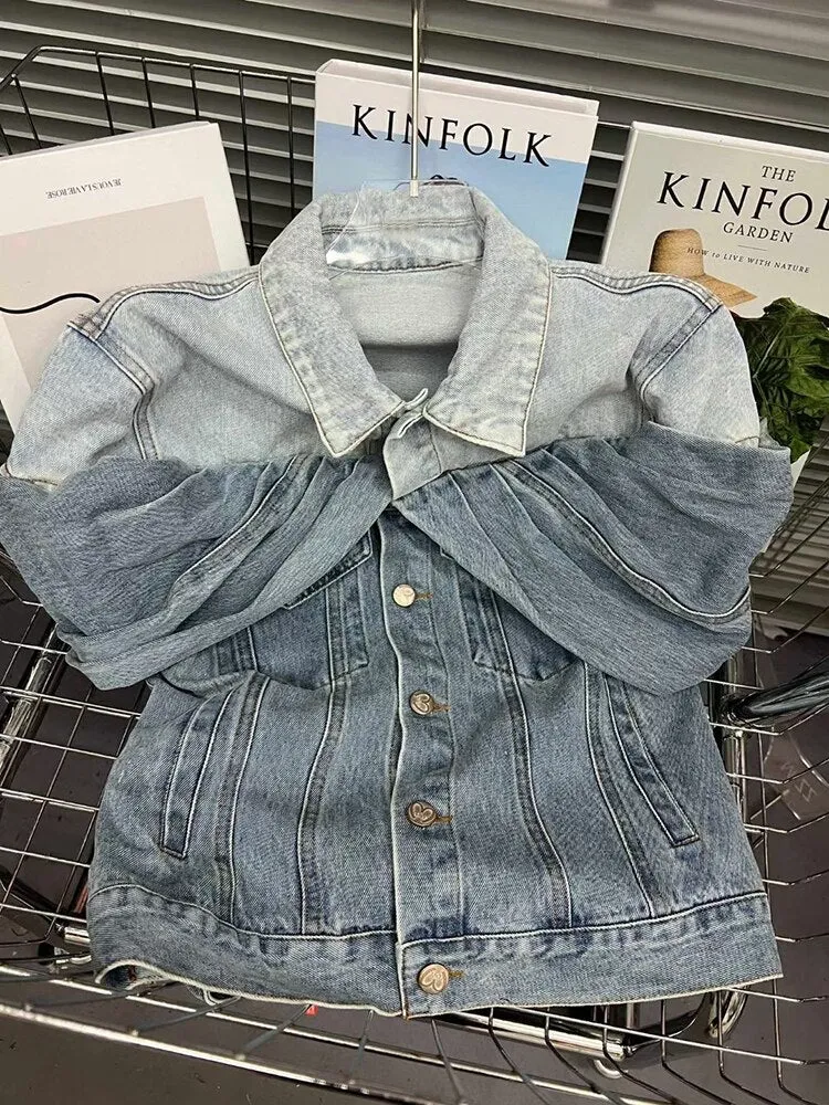 Folds Denim Jackets For Women Lapel Long Sleeve Patchwork Single Breasted Casual Jacket Female Fashion Style