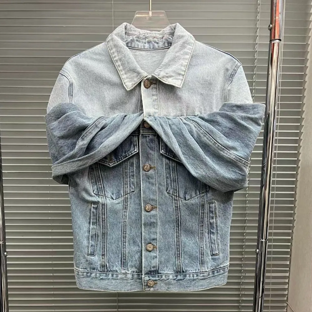 Folds Denim Jackets For Women Lapel Long Sleeve Patchwork Single Breasted Casual Jacket Female Fashion Style