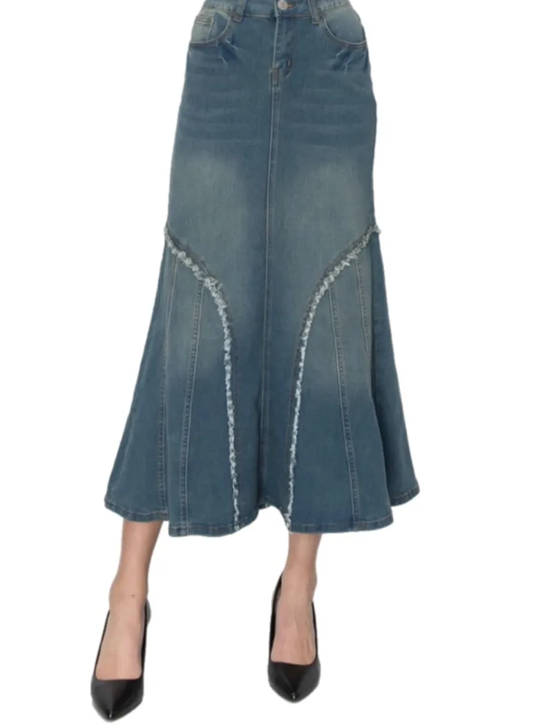 Frayed Flared Long Denim Skirt Style 87932