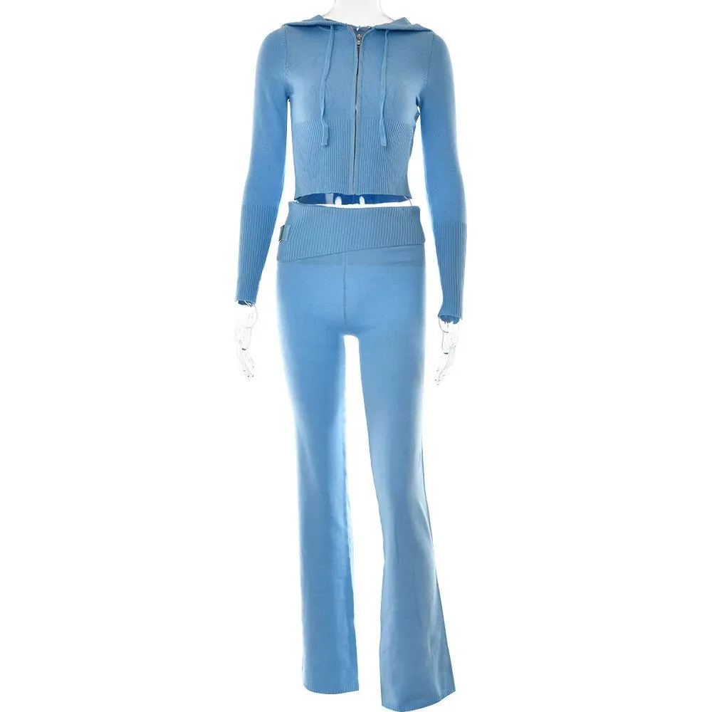 Girlary Knitted 2 Piece Sets Women Tracksuit Long Sleeve Zipper Hooded Sweater Crop Top Flare Pants Stretch Matching Suit Outfit