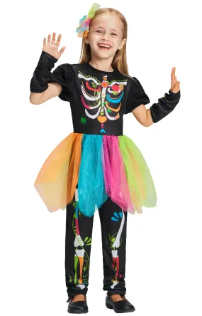 Girls Punky Skeleton Jumpsuit Hairpin Arm Warmers Set Halloween Costume