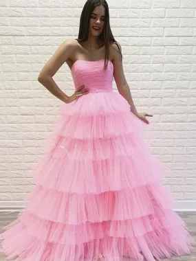 Gorgeous Strapless Layered Pink Tulle Long Prom Dresses, Pink Tulle Formal Evening Dresses