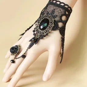 Gothic Retro Ring Charm Lace Leaf Crystal Ribbon Rose Finger Chain Victorian Bracelet