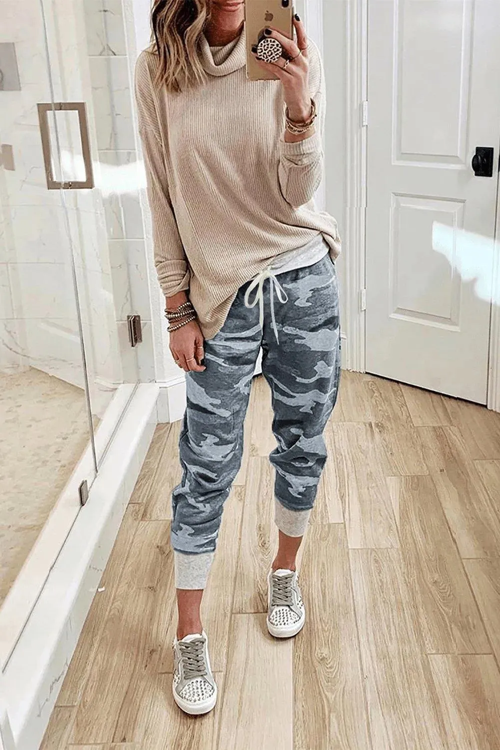 Gray Camo Print Knit Sport Pants