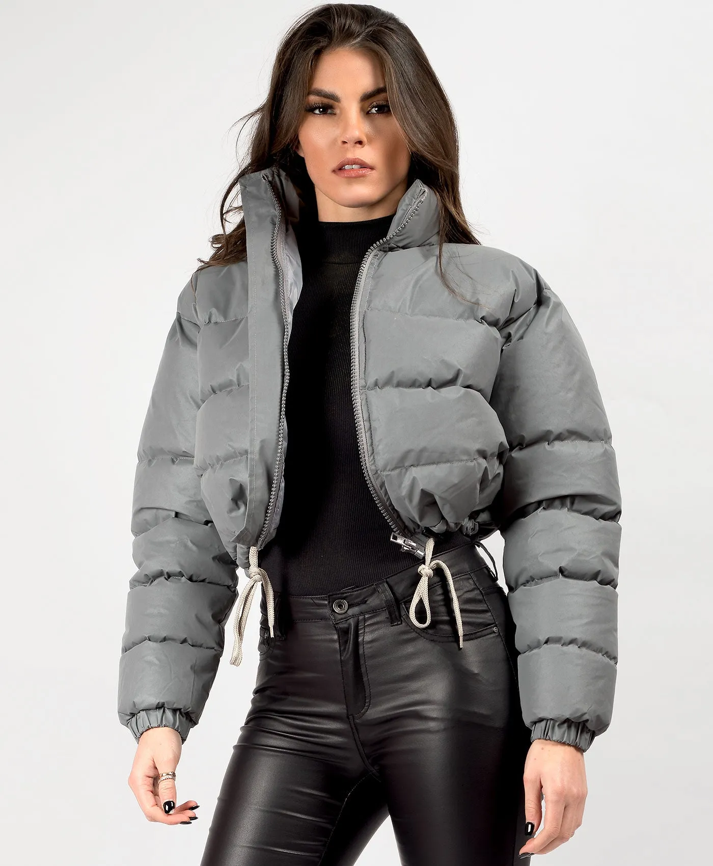 Grey Reflective Padded Cropped Puffer Jacket